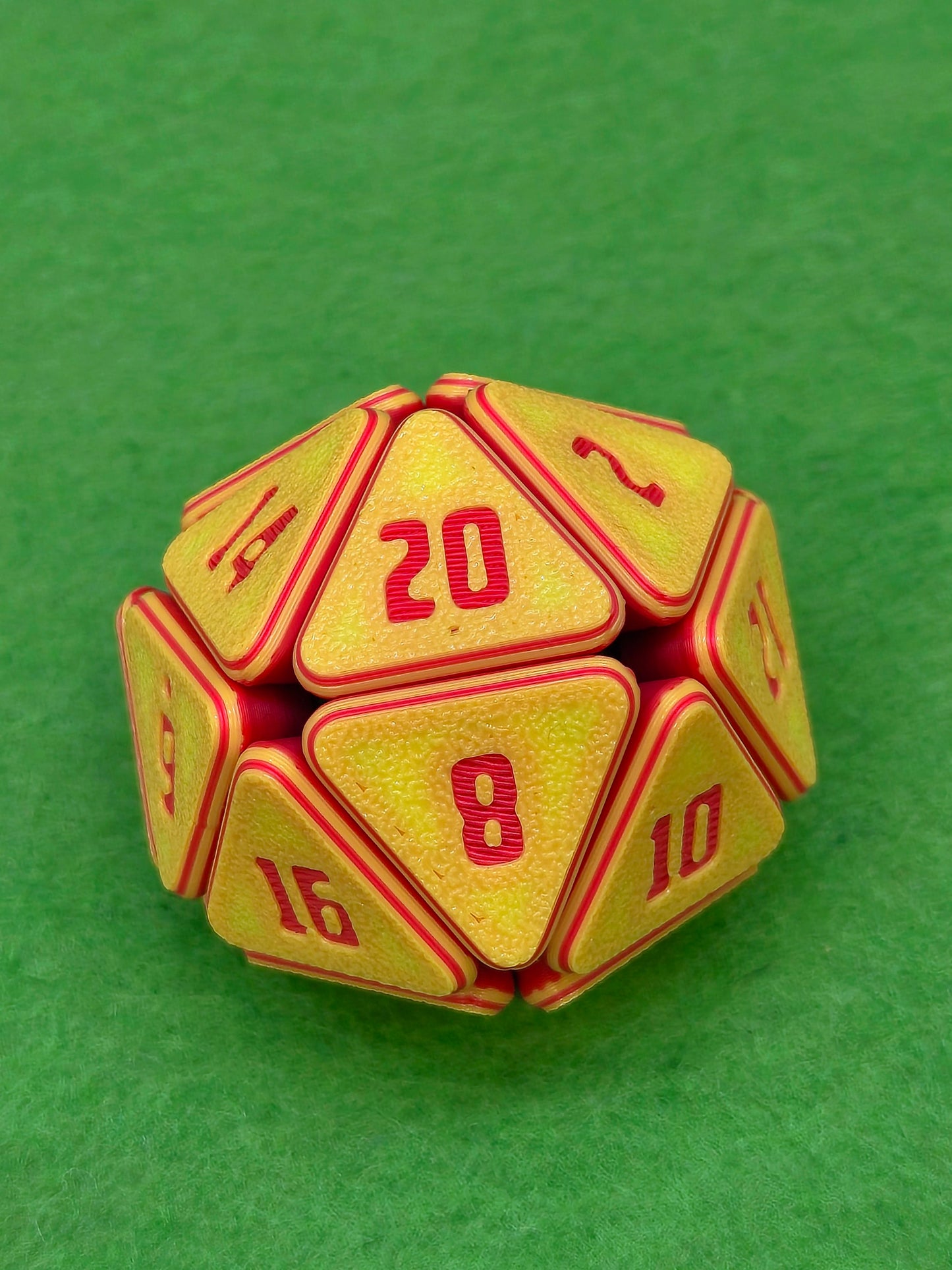 3D printed squishable D20 dice for Dungeons & Dragons and tabletop RPG sessions – soft fidget dice perfect for stress relief and gamer gifts, available in mystery colours for Pathfinder, D&D campaigns, and other roleplaying games.