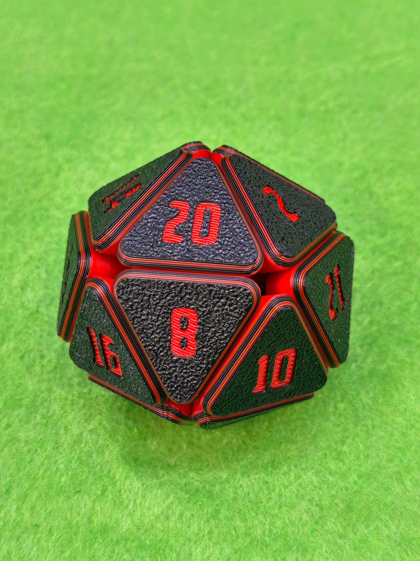 3D printed squishable D20 dice for Dungeons & Dragons and tabletop RPG sessions – soft fidget dice perfect for stress relief and gamer gifts, available in mystery colours for Pathfinder, D&D campaigns, and other roleplaying games.