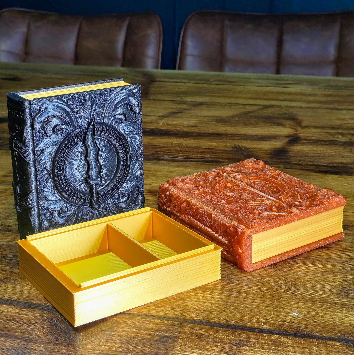 3D-printed book-shaped trinket box for tabletop gaming dice, miniatures, and cards – perfect Dungeons & Dragons storage solution with magnetic closure and nature-inspired design, ideal for RPG players and collectors in Coventry.