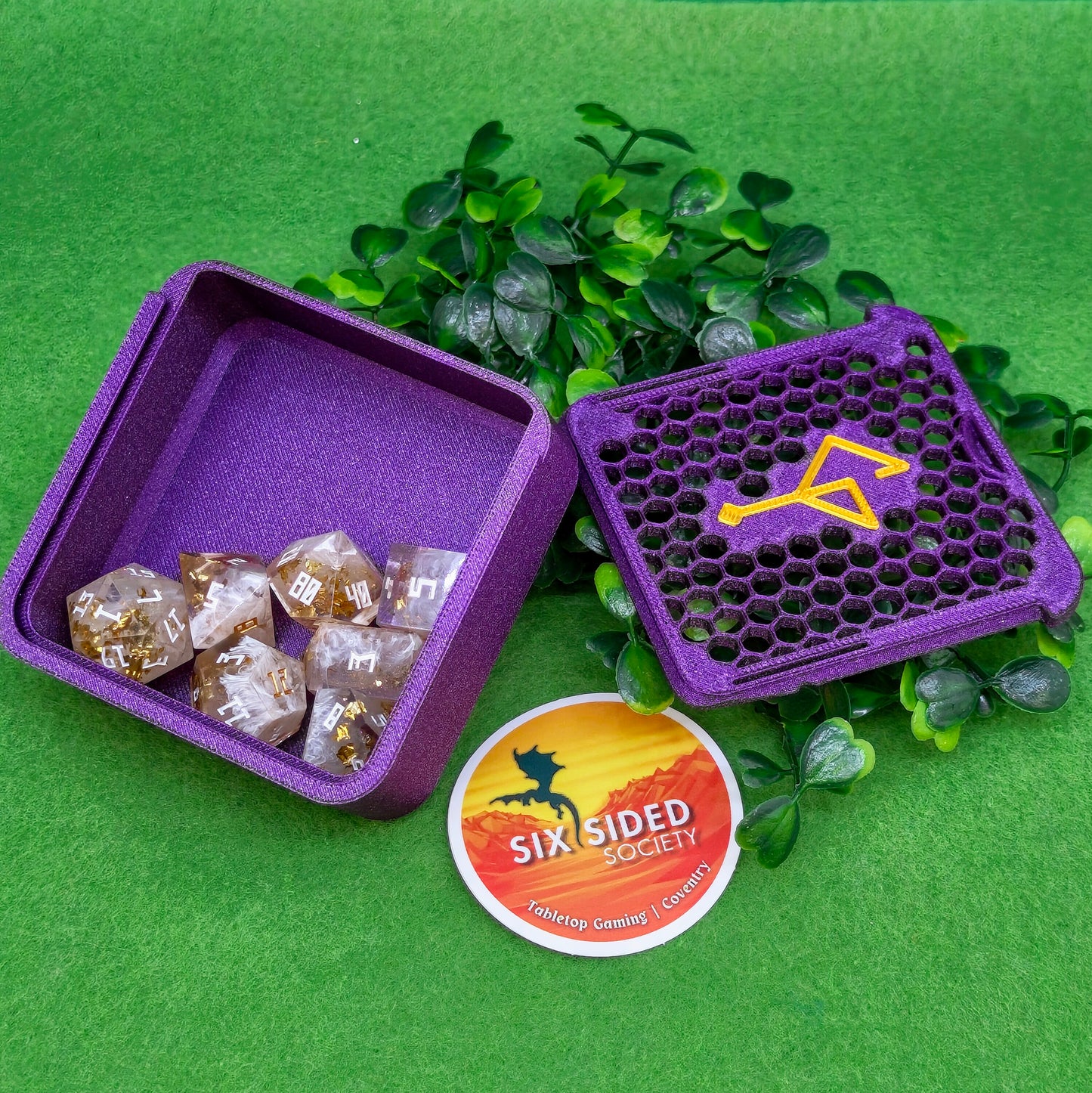 3D-printed D20 dice trinket box by Six Sided Society, tabletop gaming storage for Dungeons & Dragons, RPG dice organizer, eco-friendly gift box for dice collectors and dungeon masters, perfect accessory for board games and role-playing sessions