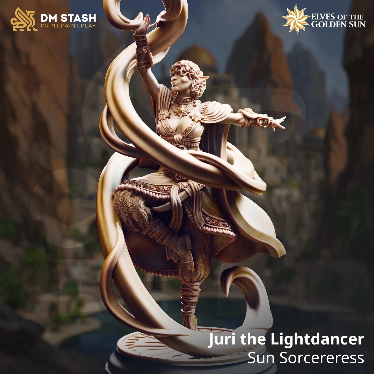 3D Printed Resin Miniature | 32mm Scale | The Golden Sun - Sun Elf Sorceress - Six Sided Society