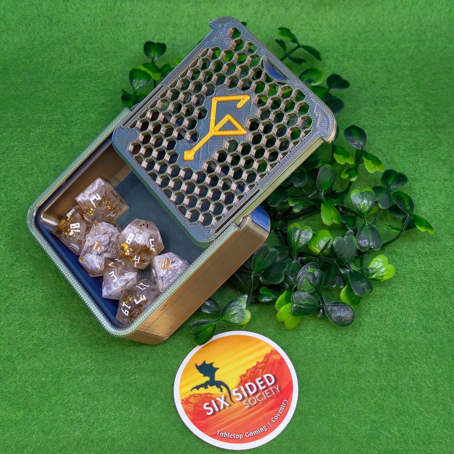 3D-printed D20 dice trinket box by Six Sided Society, tabletop gaming storage for Dungeons & Dragons, RPG dice organizer, eco-friendly gift box for dice collectors and dungeon masters, perfect accessory for board games and role-playing sessions