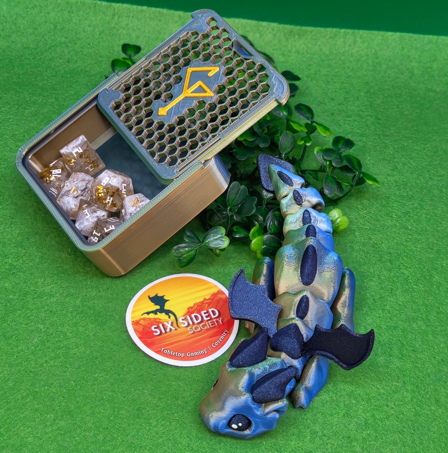 3D-printed D20 dice trinket box by Six Sided Society, tabletop gaming storage for Dungeons & Dragons, RPG dice organizer, eco-friendly gift box for dice collectors and dungeon masters, perfect accessory for board games and role-playing sessions
