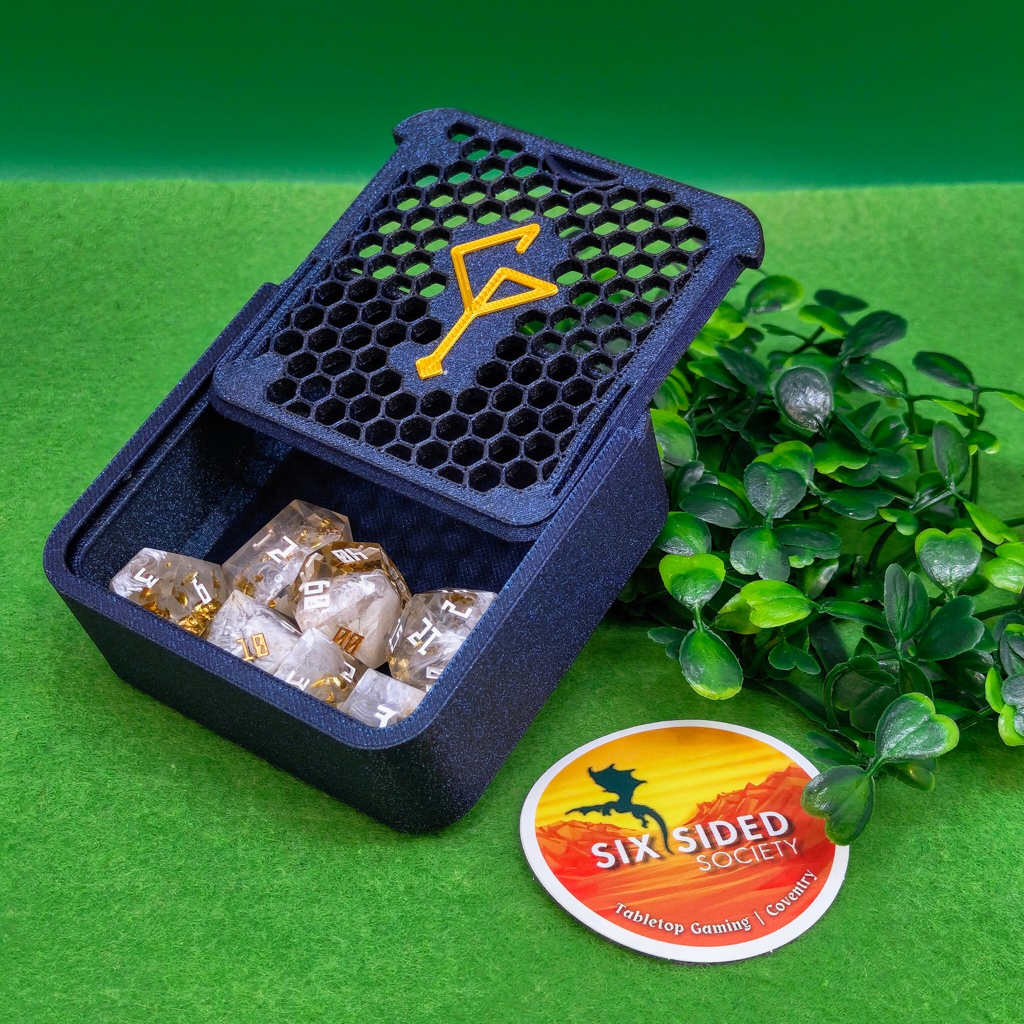 3D-printed D20 dice trinket box by Six Sided Society, tabletop gaming storage for Dungeons & Dragons, RPG dice organizer, eco-friendly gift box for dice collectors and dungeon masters, perfect accessory for board games and role-playing sessions