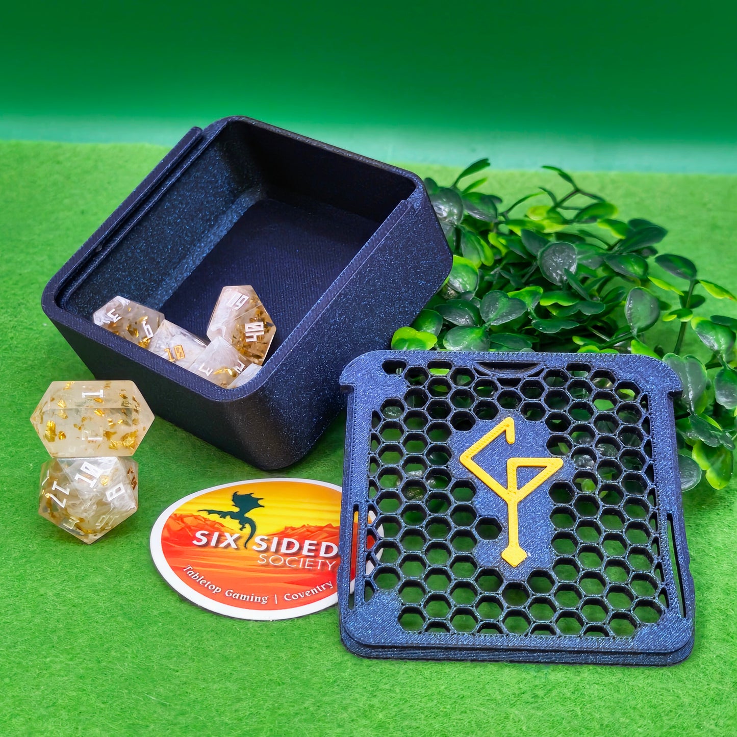 3D-printed D20 dice trinket box by Six Sided Society, tabletop gaming storage for Dungeons & Dragons, RPG dice organizer, eco-friendly gift box for dice collectors and dungeon masters, perfect accessory for board games and role-playing sessions