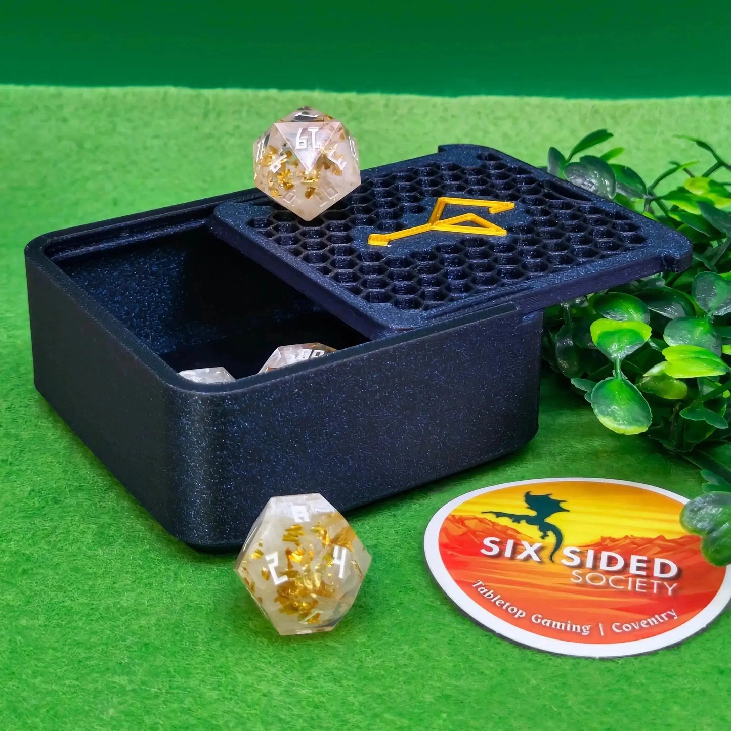 3D-printed D20 dice trinket box by Six Sided Society, tabletop gaming storage for Dungeons & Dragons, RPG dice organizer, eco-friendly gift box for dice collectors and dungeon masters, perfect accessory for board games and role-playing sessions