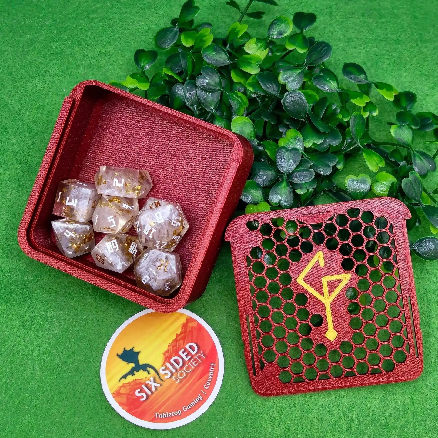 3D-printed D20 dice trinket box by Six Sided Society, tabletop gaming storage for Dungeons & Dragons, RPG dice organizer, eco-friendly gift box for dice collectors and dungeon masters, perfect accessory for board games and role-playing sessions