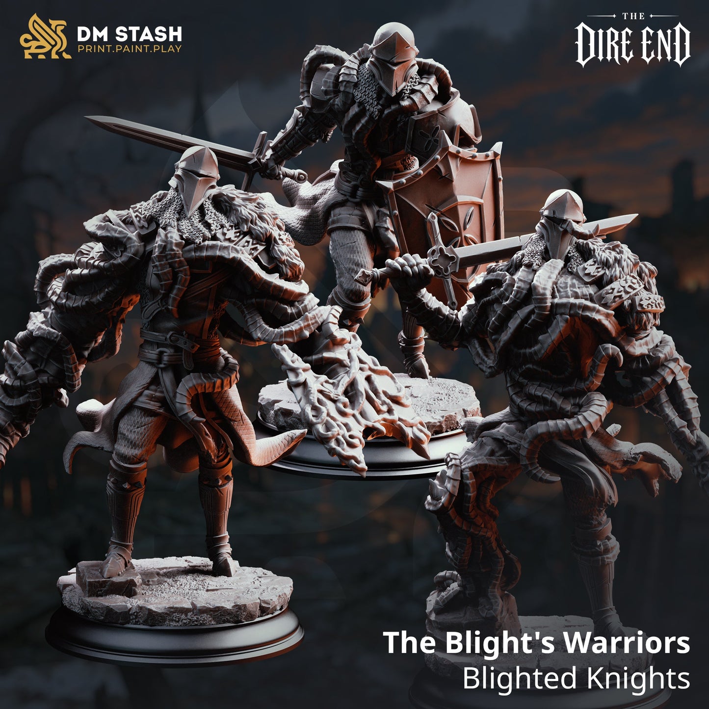 3D Printed Resin Miniature | Medium Monsters | Three Blighted Knights Six Sided Society
