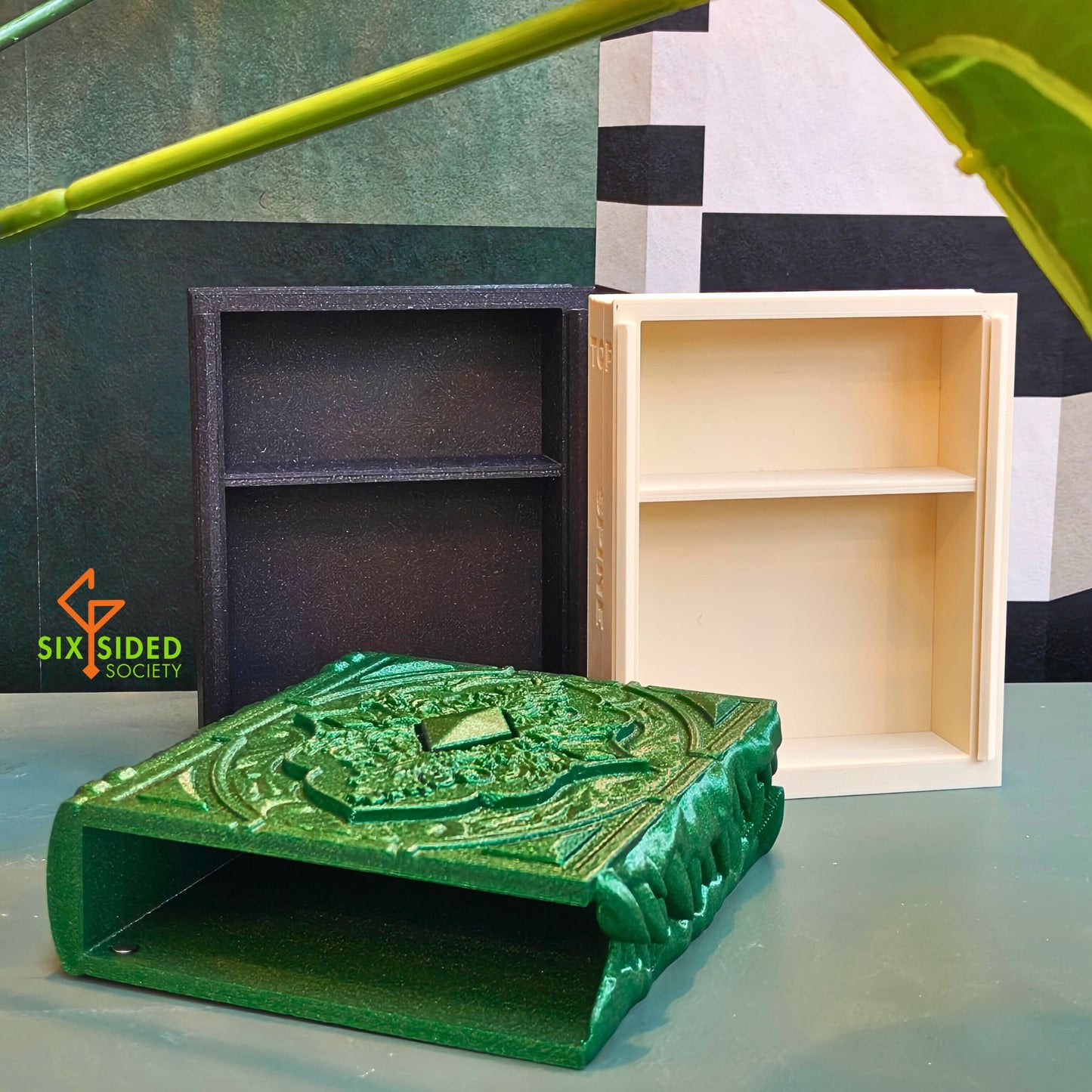 3D-printed book-shaped trinket box for tabletop gaming dice, miniatures, and cards – perfect Dungeons & Dragons storage solution with magnetic closure and nature-inspired design, ideal for RPG players and collectors in Coventry.