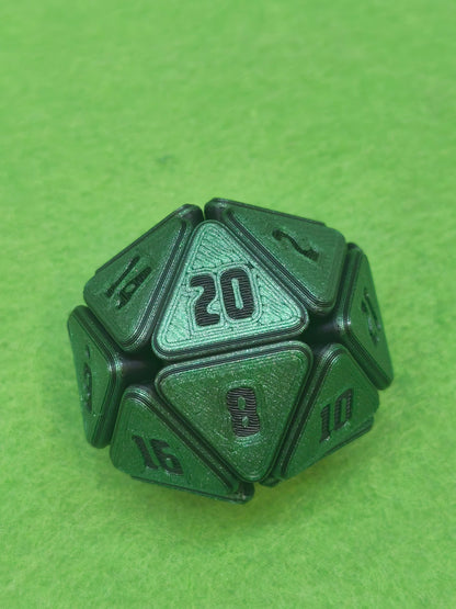 3D printed squishable D20 dice for Dungeons & Dragons and tabletop RPG sessions – soft fidget dice perfect for stress relief and gamer gifts, available in mystery colours for Pathfinder, D&D campaigns, and other roleplaying games.