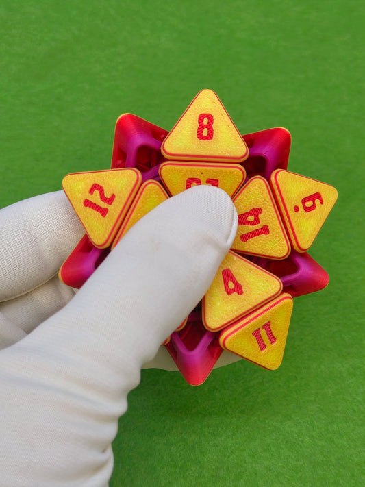3D printed squishable D20 dice for Dungeons & Dragons and tabletop RPG sessions – soft fidget dice perfect for stress relief and gamer gifts, available in mystery colours for Pathfinder, D&D campaigns, and other roleplaying games.
