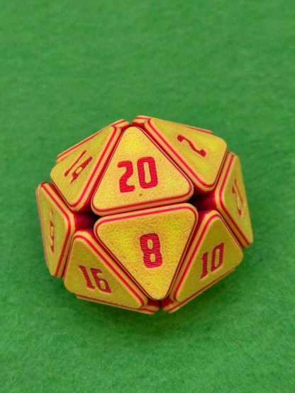 3D printed squishable D20 dice for Dungeons & Dragons and tabletop RPG sessions – soft fidget dice perfect for stress relief and gamer gifts, available in mystery colours for Pathfinder, D&D campaigns, and other roleplaying games.