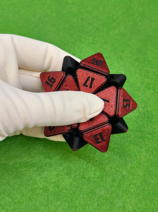 3D printed squishable D20 dice for Dungeons & Dragons and tabletop RPG sessions – soft fidget dice perfect for stress relief and gamer gifts, available in mystery colours for Pathfinder, D&D campaigns, and other roleplaying games.
