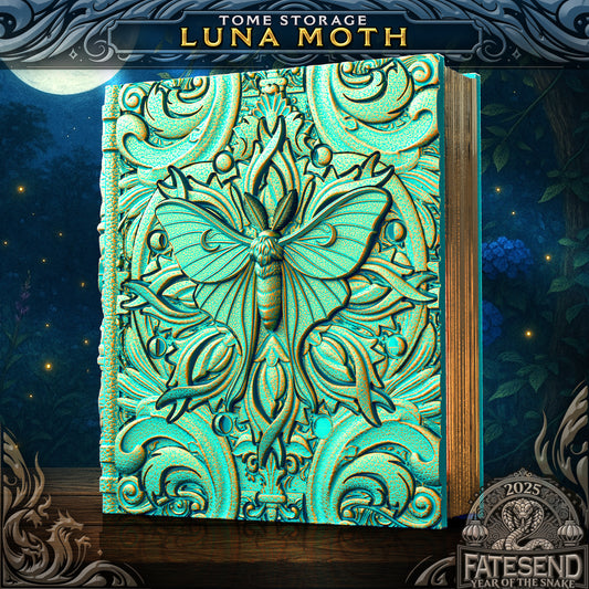 3D Printed Book | Dice + Cards + Mini Storage Box | Luna Moth Tome