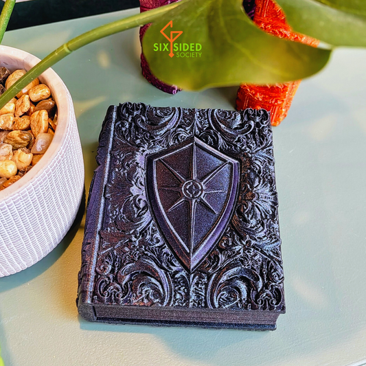 3D-printed book-shaped trinket box for tabletop gaming dice, miniatures, and cards – perfect Dungeons & Dragons storage solution with magnetic closure and nature-inspired design, ideal for RPG players and collectors in Coventry.