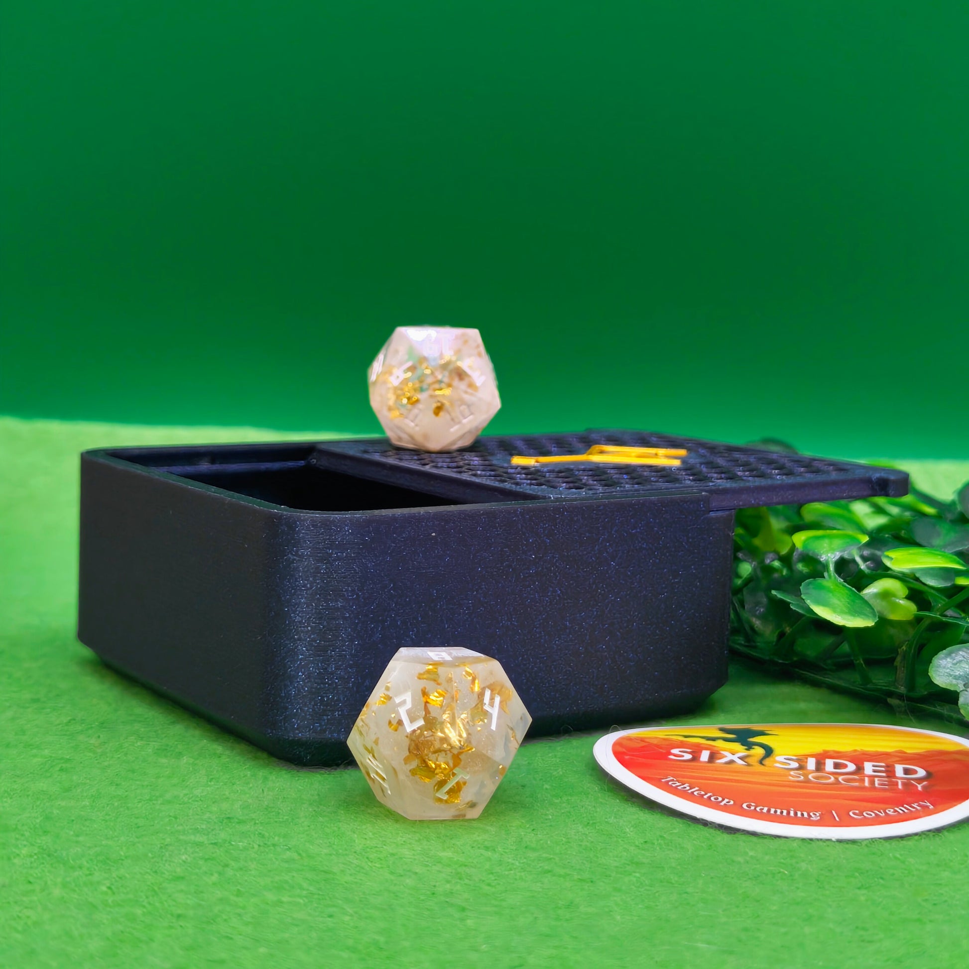 3D-printed D20 dice trinket box by Six Sided Society, tabletop gaming storage for Dungeons & Dragons, RPG dice organizer, eco-friendly gift box for dice collectors and dungeon masters, perfect accessory for board games and role-playing sessions