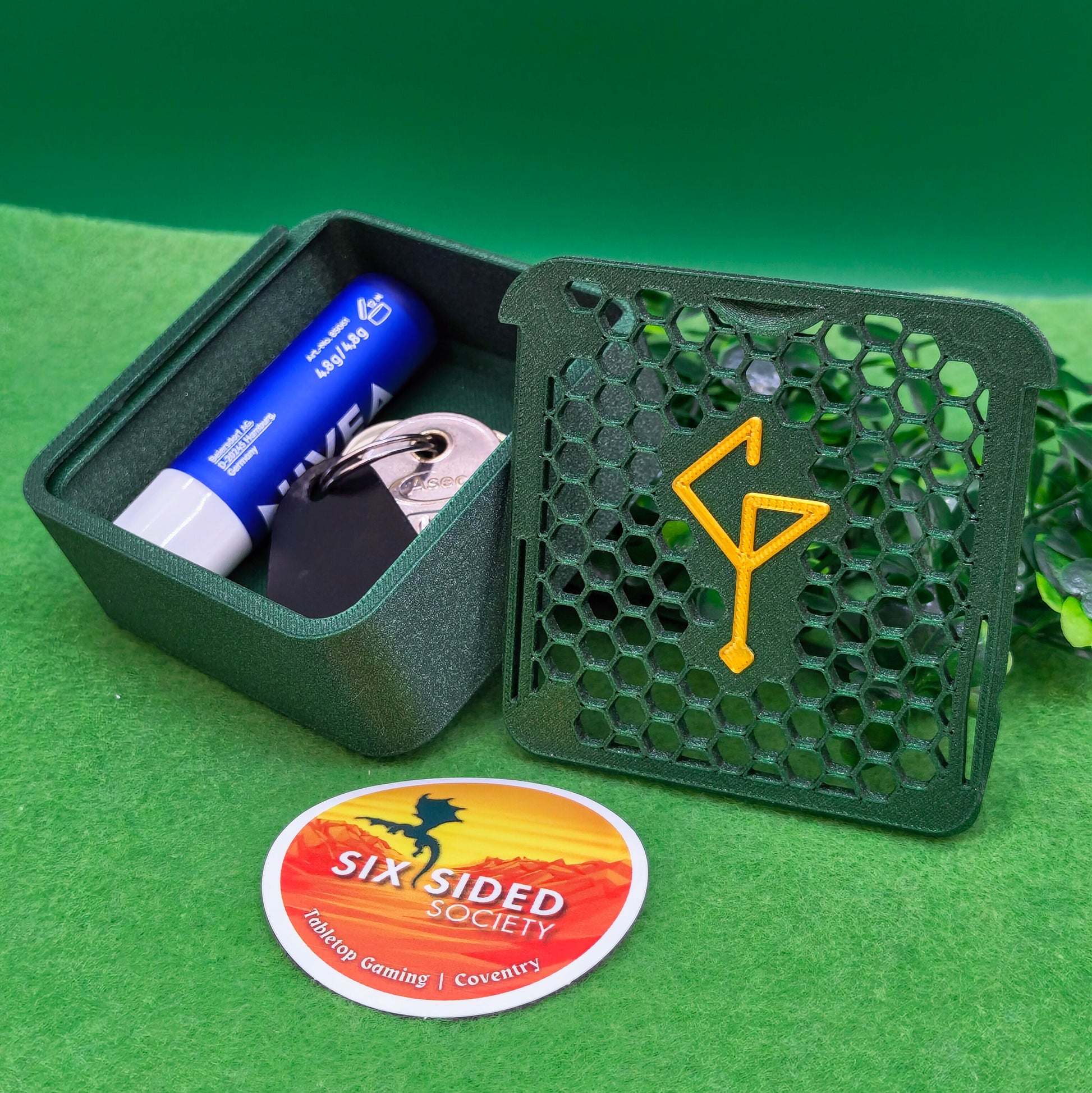 3D-printed D20 dice trinket box by Six Sided Society, tabletop gaming storage for Dungeons & Dragons, RPG dice organizer, eco-friendly gift box for dice collectors and dungeon masters, perfect accessory for board games and role-playing sessions