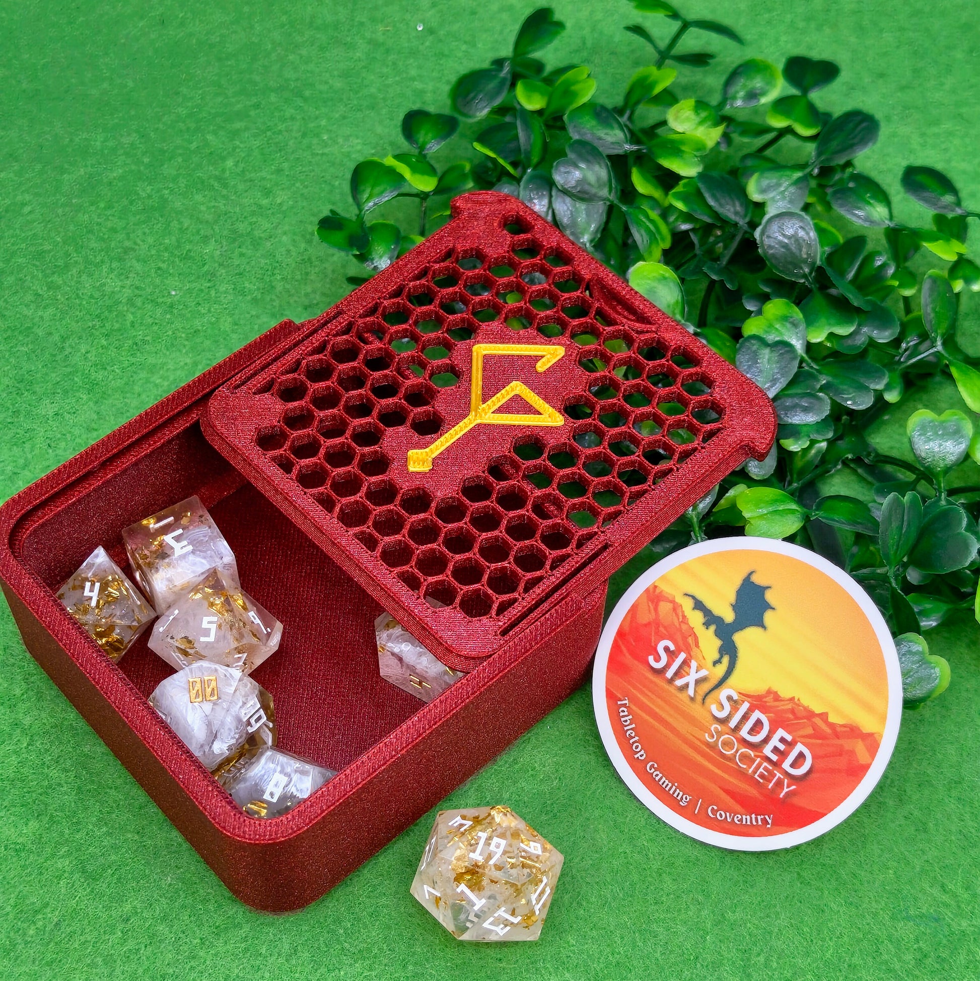 3D-printed D20 dice trinket box by Six Sided Society, tabletop gaming storage for Dungeons & Dragons, RPG dice organizer, eco-friendly gift box for dice collectors and dungeon masters, perfect accessory for board games and role-playing sessions