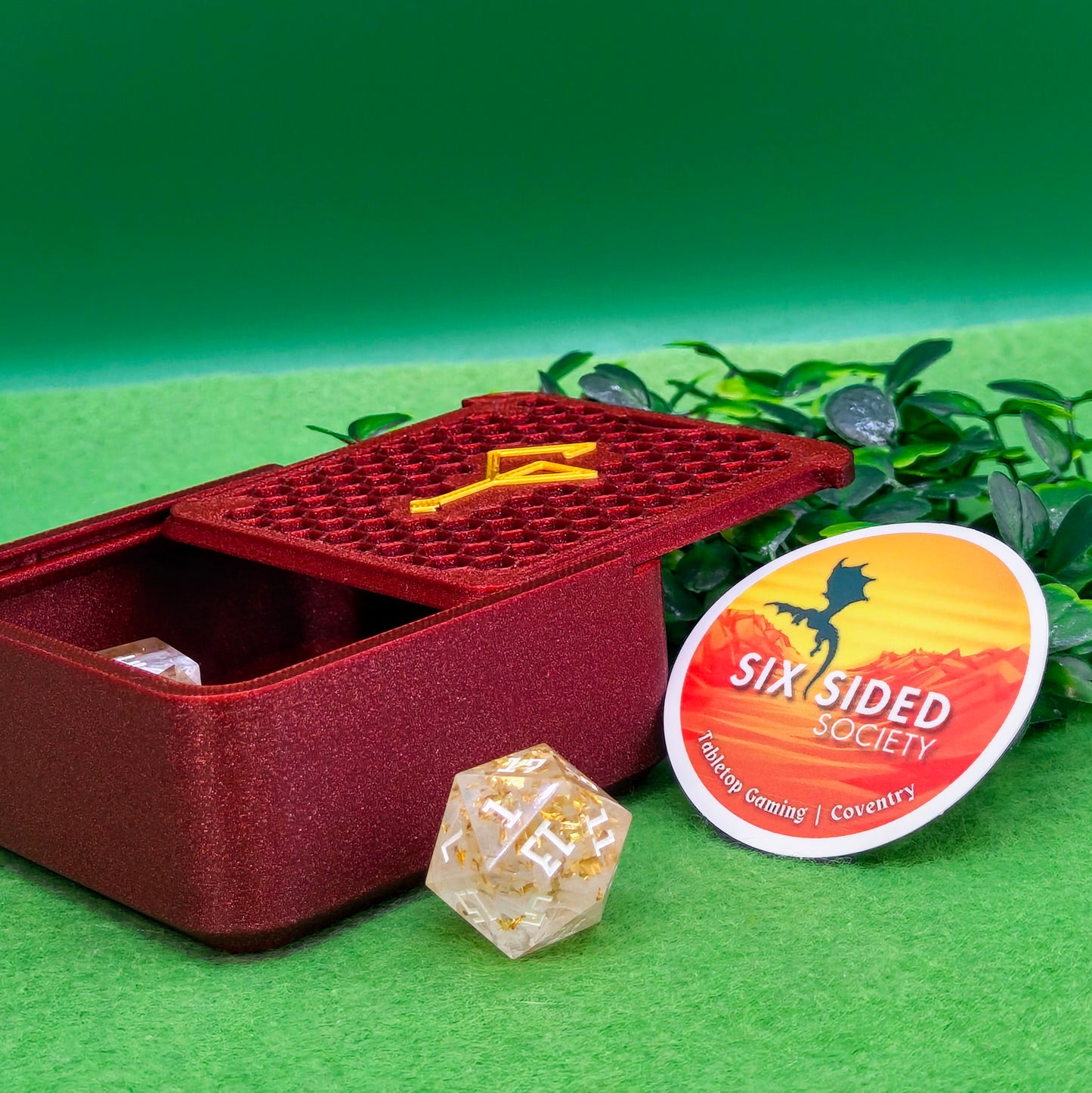 3D-printed D20 dice trinket box by Six Sided Society, tabletop gaming storage for Dungeons & Dragons, RPG dice organizer, eco-friendly gift box for dice collectors and dungeon masters, perfect accessory for board games and role-playing sessions
