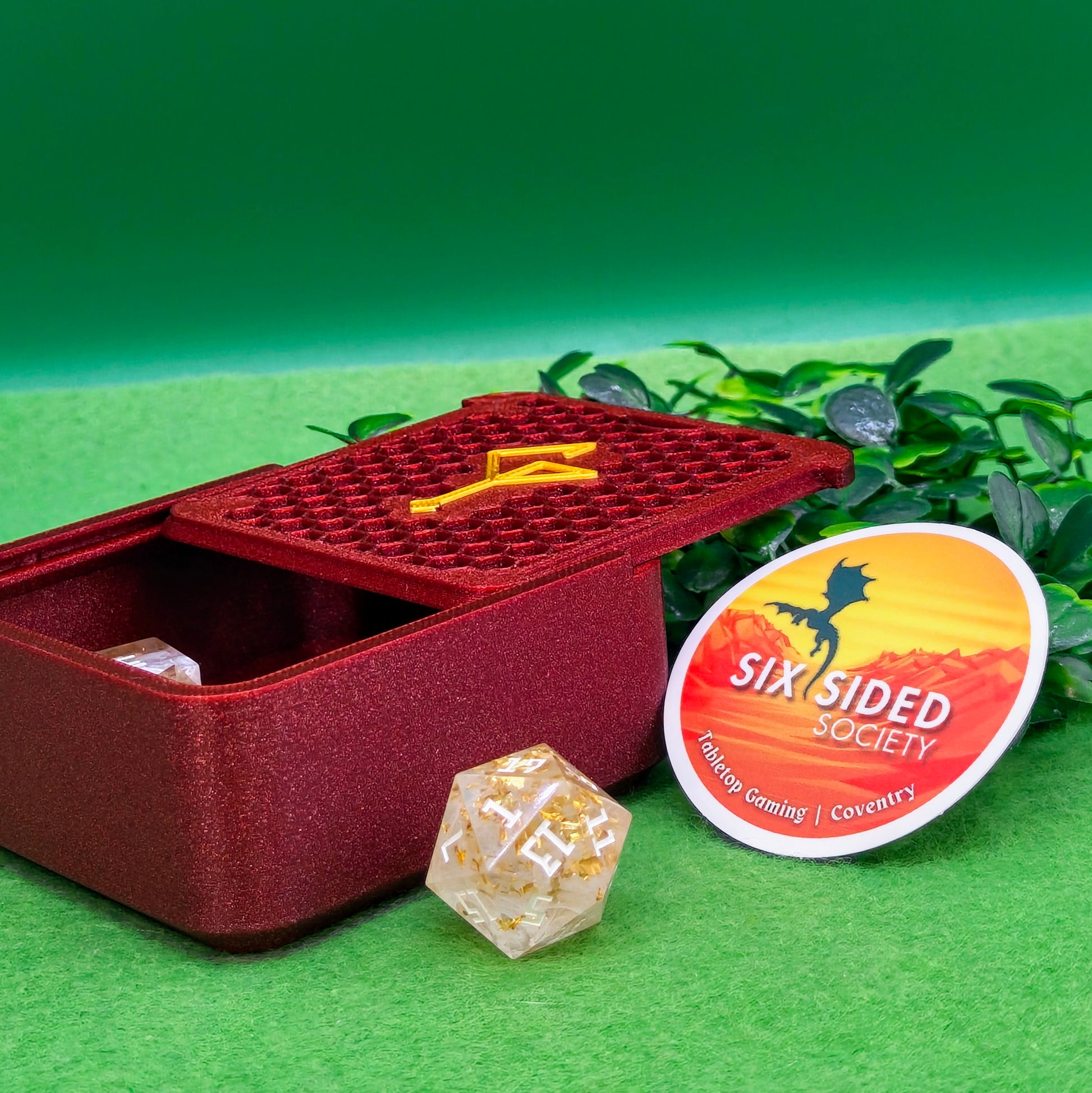 3D-printed D20 dice trinket box by Six Sided Society, tabletop gaming storage for Dungeons & Dragons, RPG dice organizer, eco-friendly gift box for dice collectors and dungeon masters, perfect accessory for board games and role-playing sessions