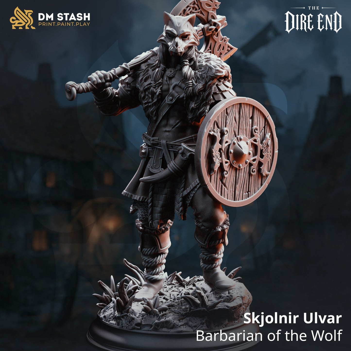 3D Printed Resin Miniature | 32mm Scale | The Dire End - Human + Wolf Six Sided Society