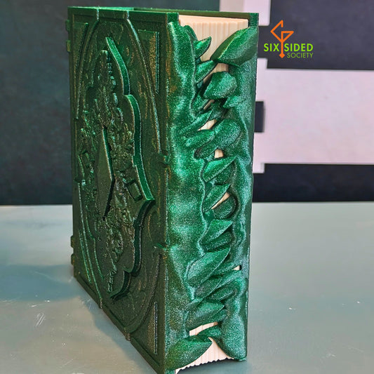 3D-printed book-shaped trinket box for tabletop gaming dice, miniatures, and cards – perfect Dungeons & Dragons storage solution with magnetic closure and nature-inspired design, ideal for RPG players and collectors in Coventry.